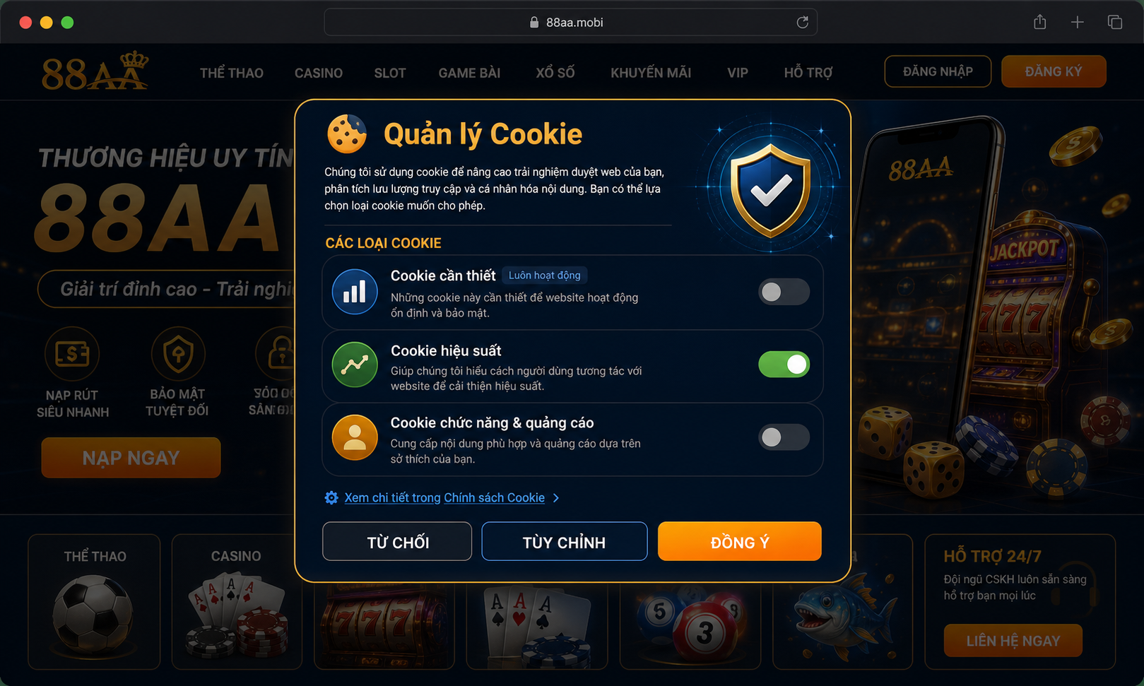Các loại cookie trên website 88AA
