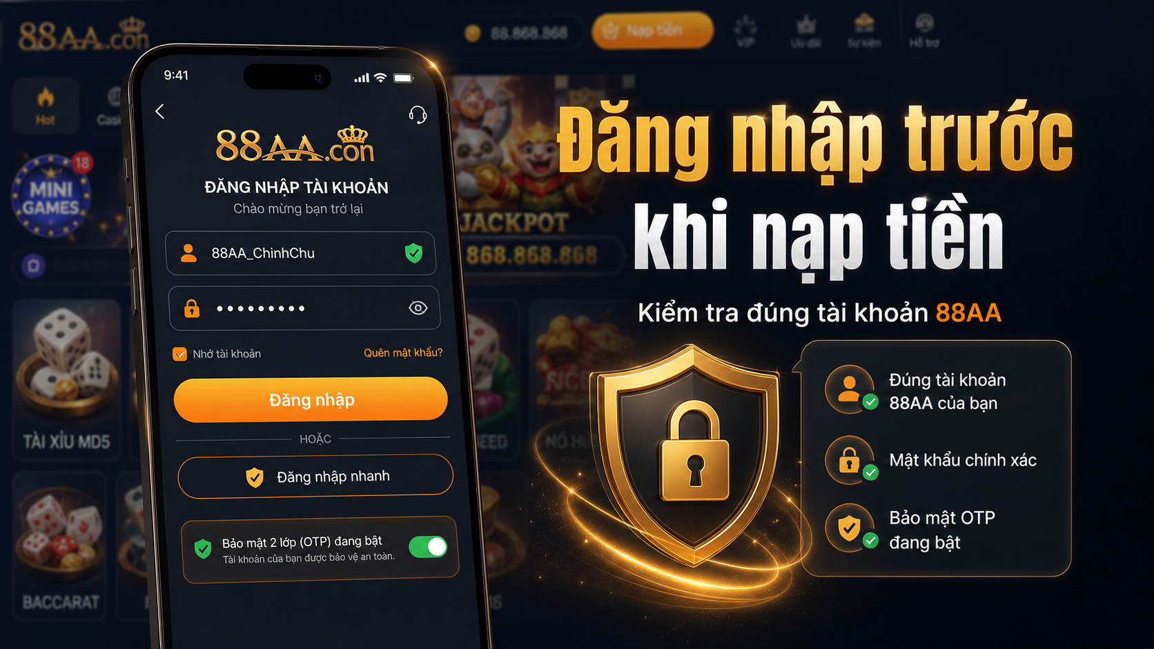 Đăng nhập tài khoản 88AA trước khi nạp tiền