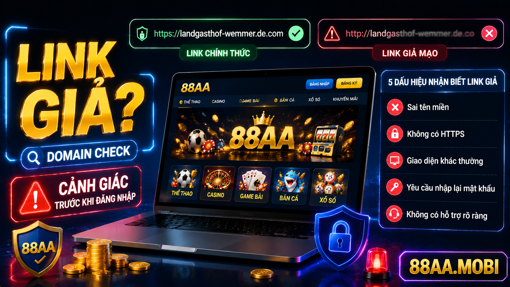 Nhận biết link giả và trang giả 88AA